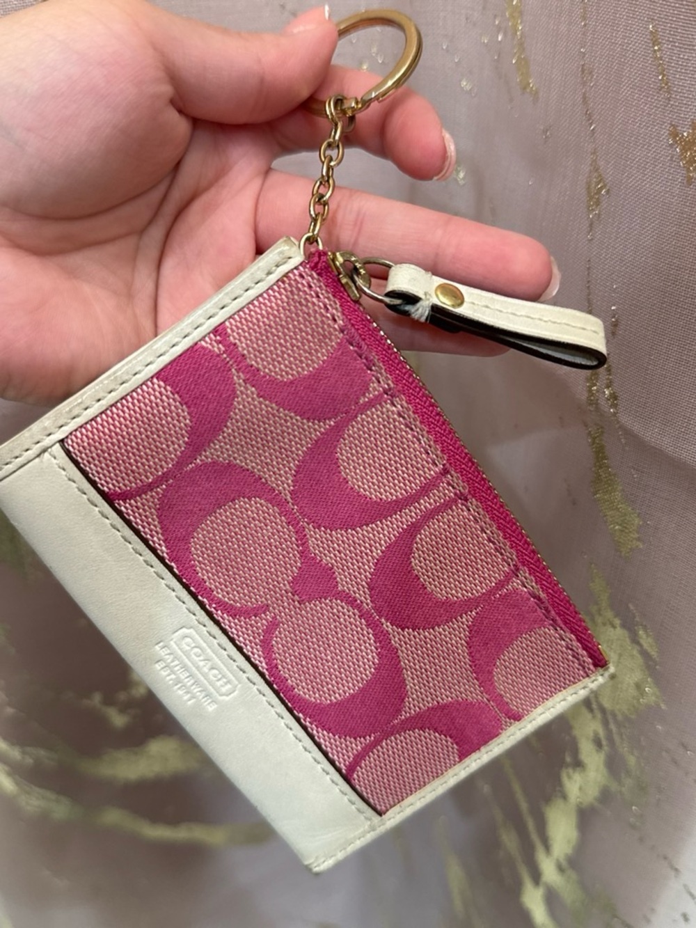 Coach Pink Signature Zip Card Case Keyring with Cream Trim